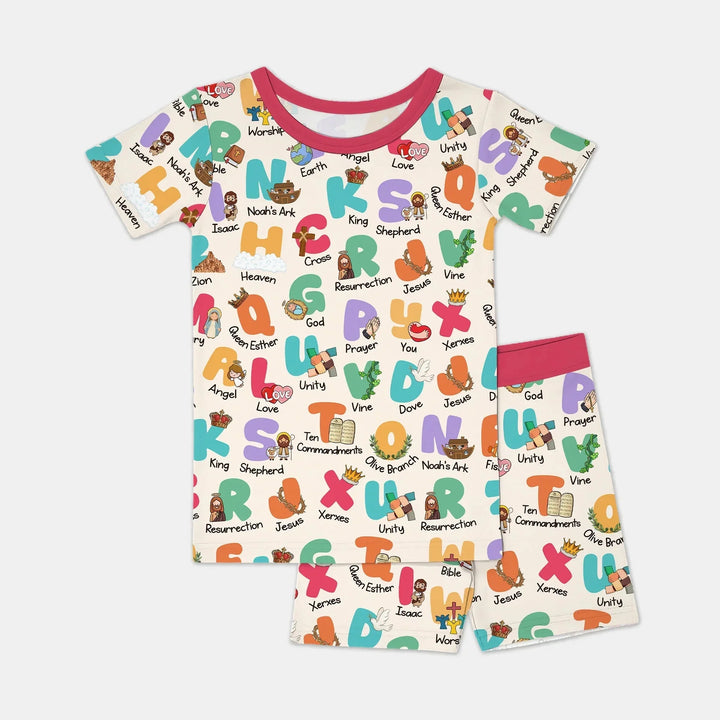 Biblical Alphabet Two Piece Short Sleeve Shorts Pajama Set , Biblical Alphabet Two Piece Short Sleeve Shorts Pajama Set - 12-18M / Red