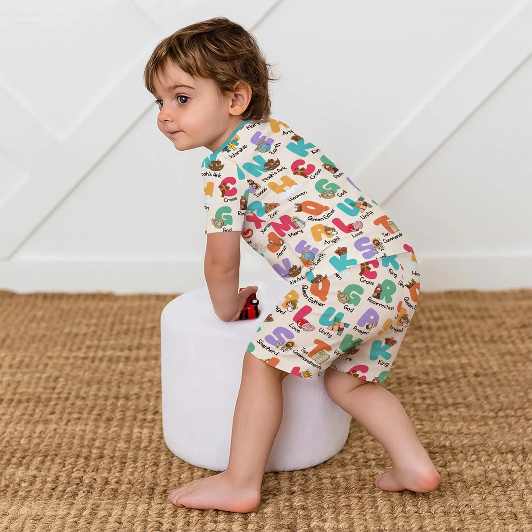 Biblical Alphabet Two Piece Short Sleeve Shorts Pajama Set , Biblical Alphabet Two Piece Short Sleeve Shorts Pajama Set - 12-18M / Teal