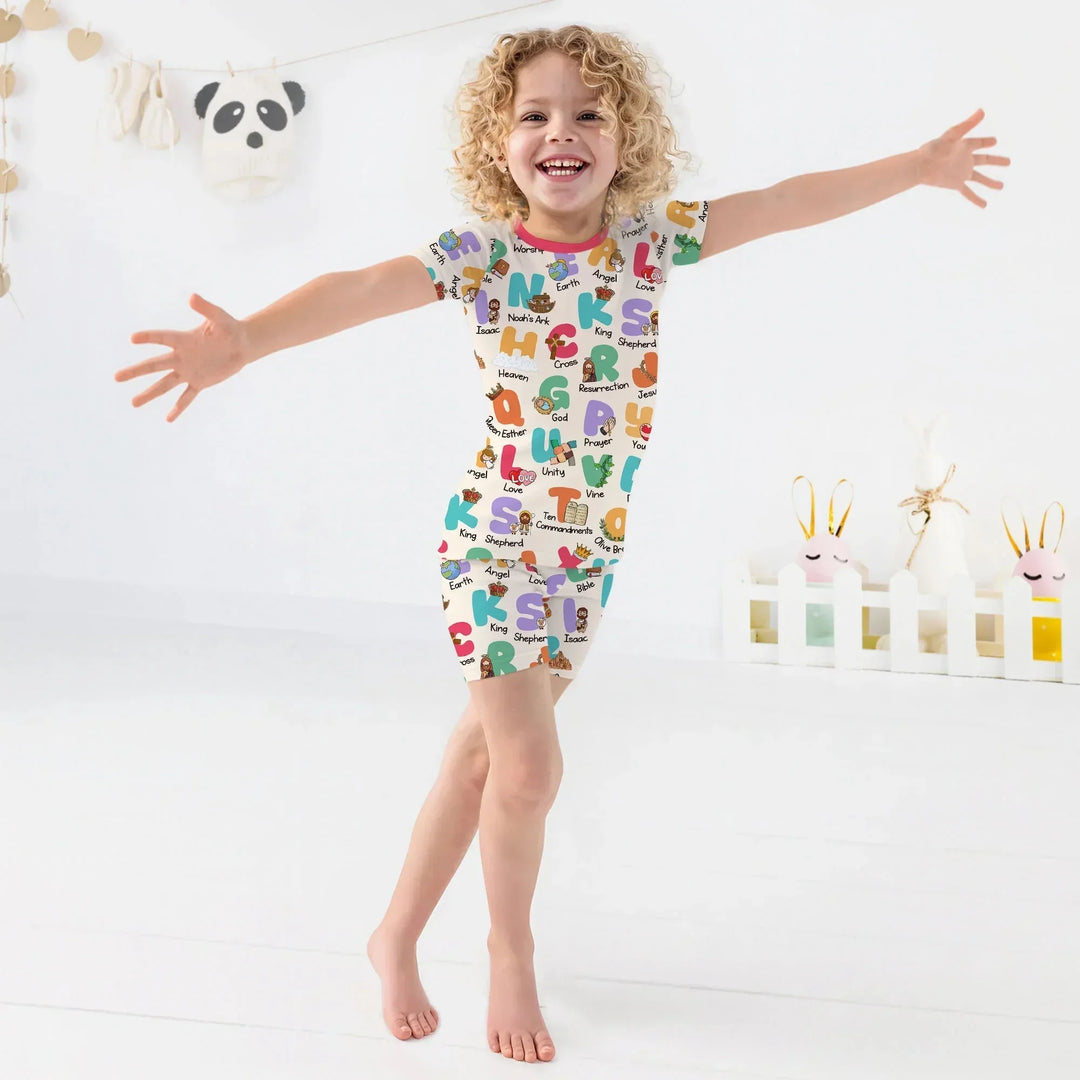 Biblical Alphabet Two Piece Short Sleeve Shorts Pajama Set , Biblical Alphabet Two Piece Short Sleeve Shorts Pajama Set - 12-18M / Teal