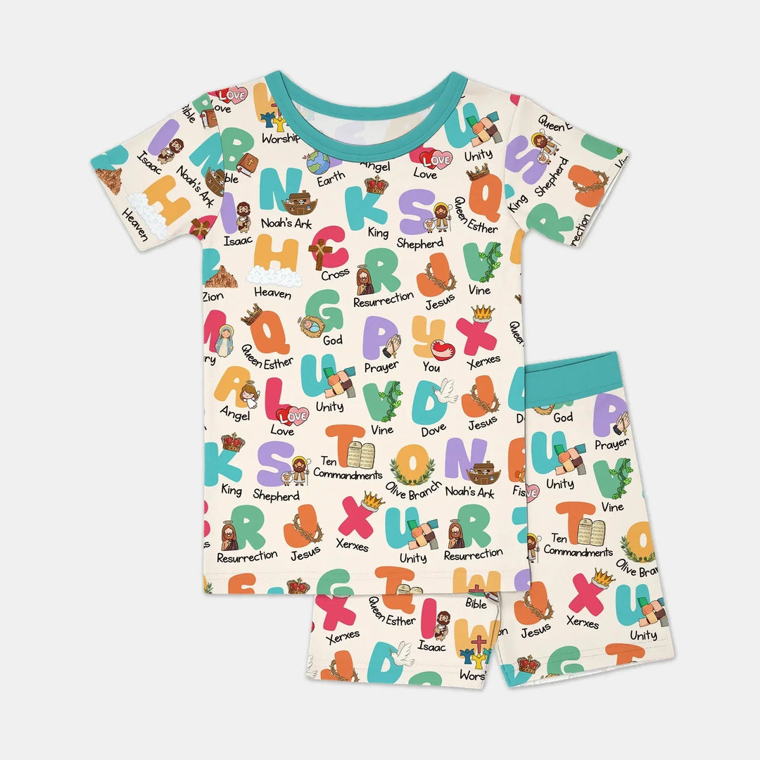 Biblical Alphabet Two Piece Short Sleeve Shorts Pajama Set , Biblical Alphabet Two Piece Short Sleeve Shorts Pajama Set - 12-18M / Teal