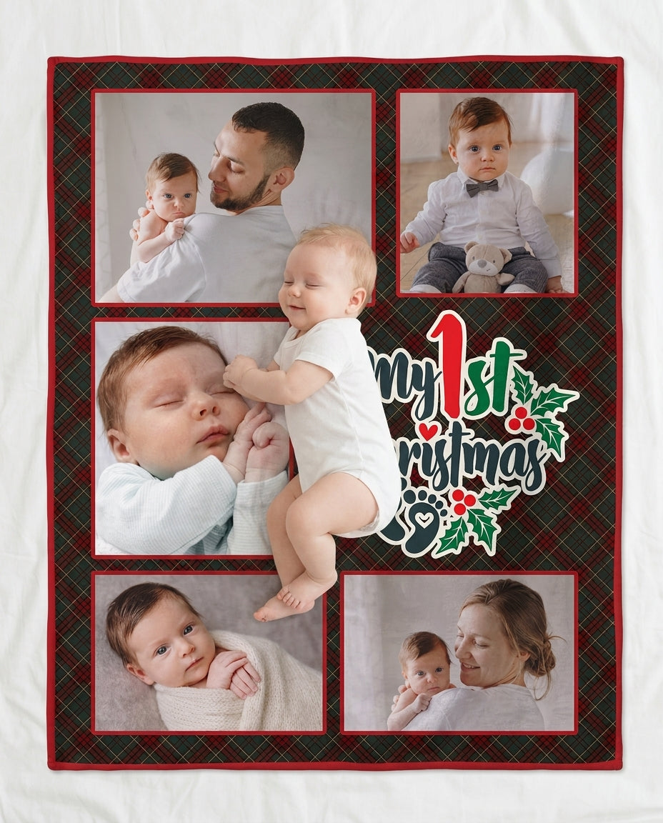 Custom Photo Collage My 1st Christmas Bamboo Blanket