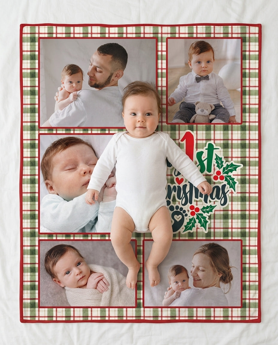 Custom Photo Collage My 1st Christmas Bamboo Blanket