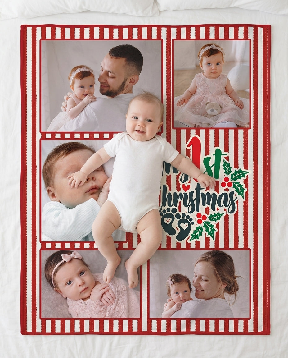 Custom Photo Collage My 1st Christmas Bamboo Blanket