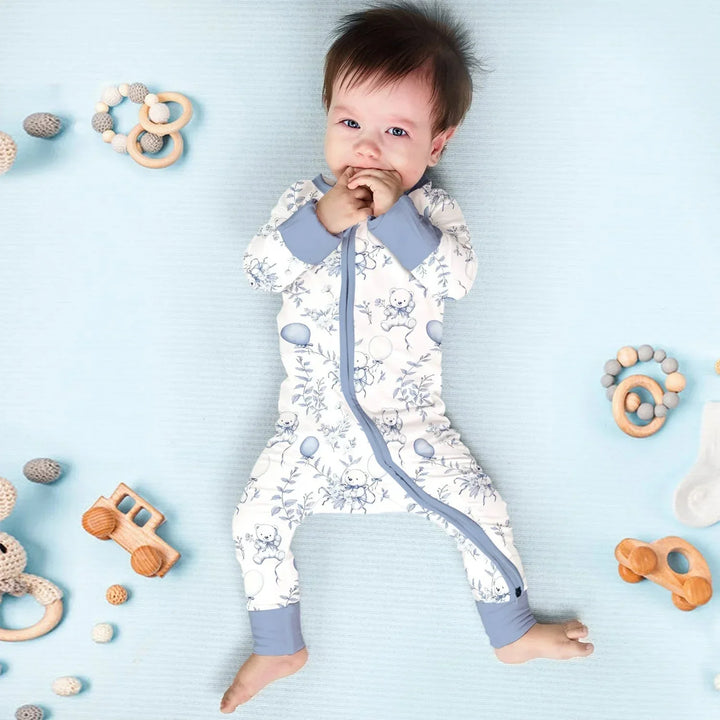 Blue Bear Toile de jouy Convertible Zippered Romper , Blue Bear Toile de jouy Convertible Zippered Romper - Newborn