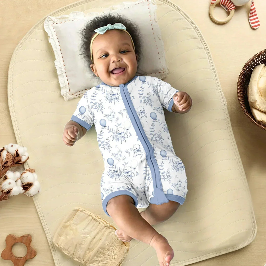 Blue Bear Toile de jouy Shorty Zippered Romper , Blue Bear Toile de jouy Shorty Zippered Romper - Newborn