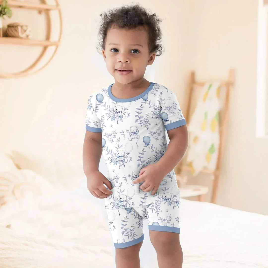 Blue Bear Toile de jouy Two Piece Short Sleeve Shorts Pajama Set , Blue Bear Toile de jouy Two Piece Short Sleeve Shorts Pajama Set - 12-18M