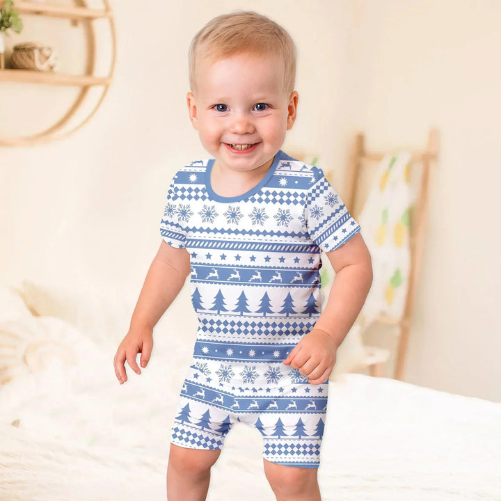 Blue Fair Isle Two Piece Short Sleeve Shorts Pajama Set , Blue Fair Isle Two Piece Short Sleeve Shorts Pajama Set - 12-18M