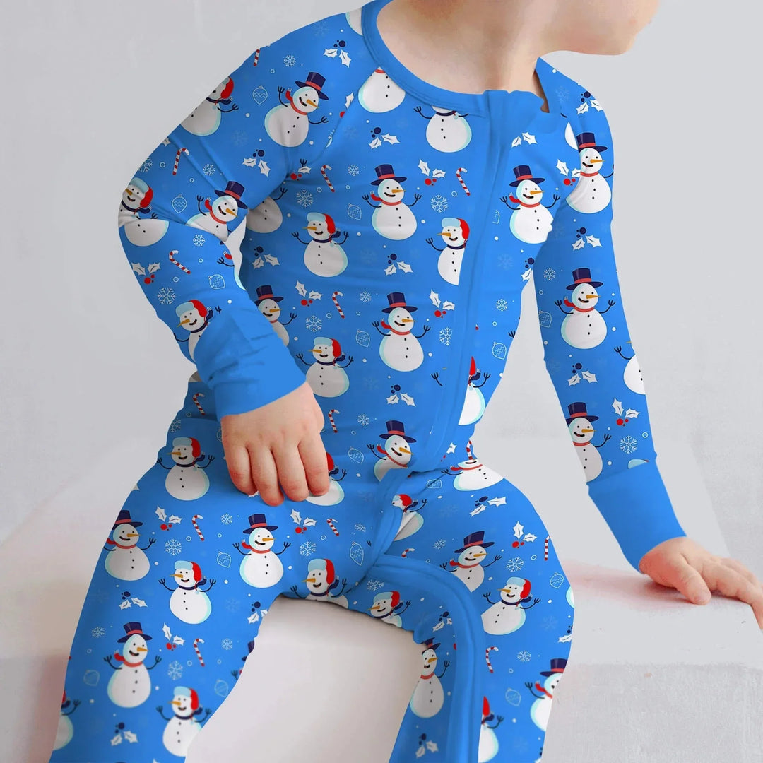 Blue Snowman Christmas Convertible Zippered Romper , Blue Snowman Christmas Convertible Zippered Romper - Newborn