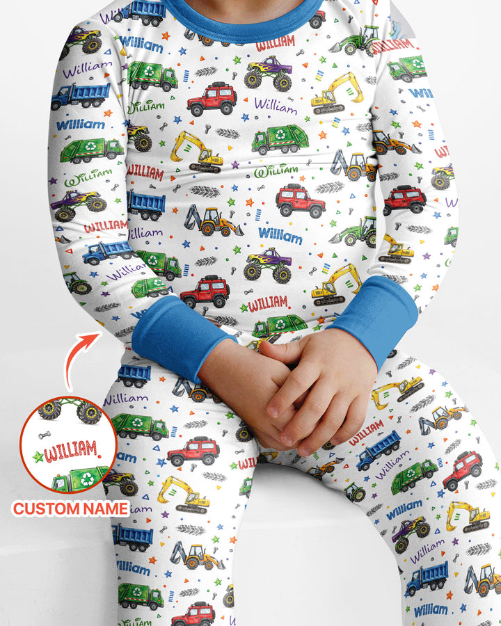 Cars And Trucks Parade Custom Name Bamboo Two Piece Long Sleeve Pajama Set