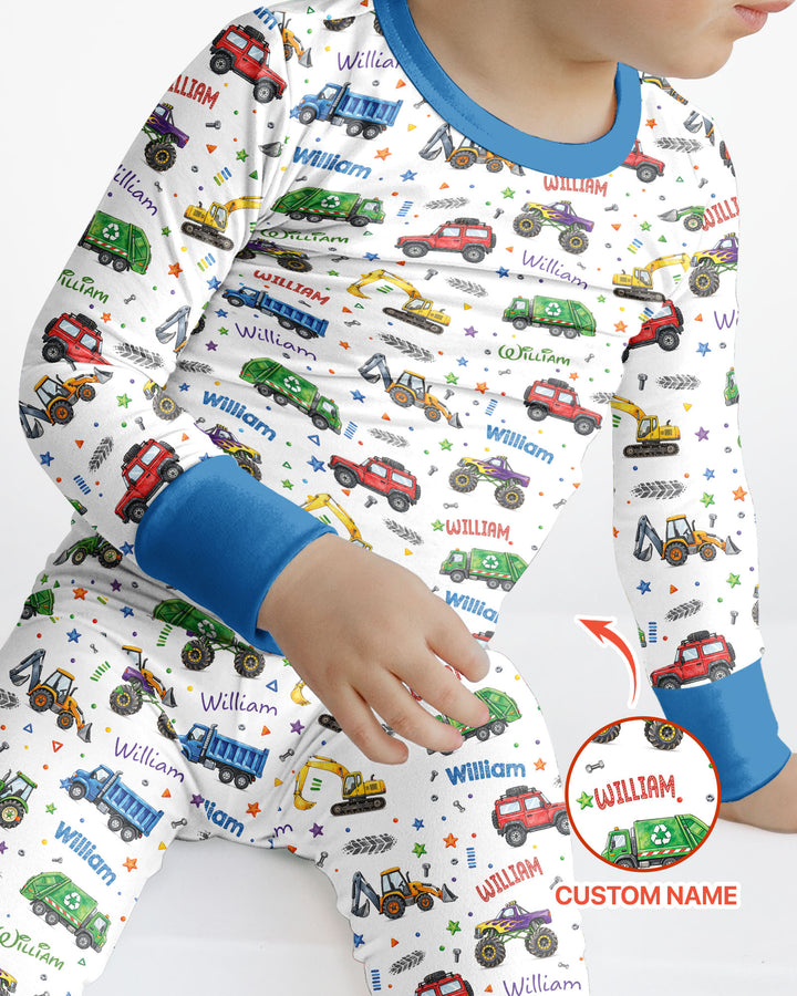 Cars And Trucks Parade Custom Name Bamboo Two Piece Long Sleeve Pajama Set