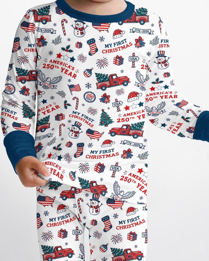 First Christmas In 250th Anniversary Custom Name Bamboo Two Piece Long Sleeve Pajama Set