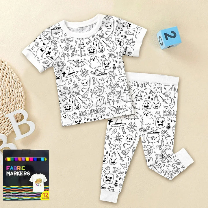 Boo! Colorable Halloween Two Piece Short Sleeve Pajama Set , Boo! Colorable Halloween Two Piece Short Sleeve Pajama Set - 3T