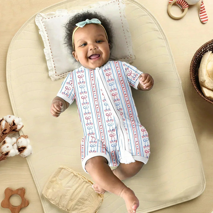 Bow and Flag Shorty Zippered Romper , Bow and Flag Shorty Zippered Romper - Newborn