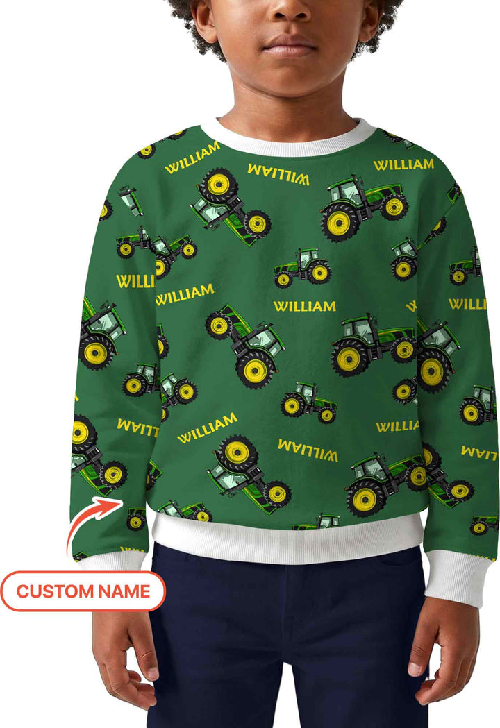 Custom Name Green Tractors Matching Daddy & Me Bamboo Crewneck Sweatshirt
