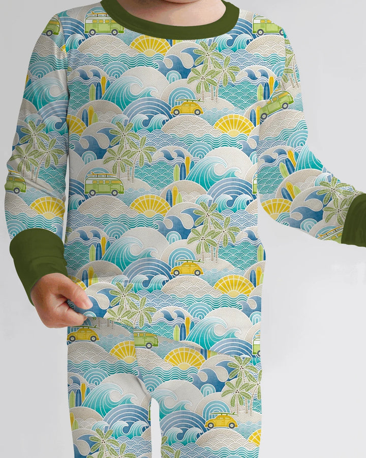 Coastal Road Trip Waves Surf Bamboo Two Piece Long Sleeve Pajama Set
