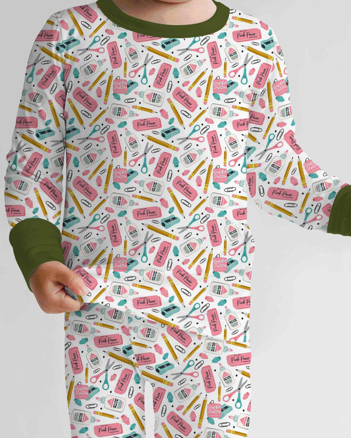 Pink Power School Supplies Bamboo Two Piece Long Sleeve Pajama Set