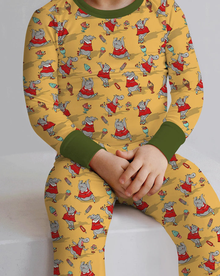 Dancing Hippo Treats Bamboo Two Piece Long Sleeve Pajama Set