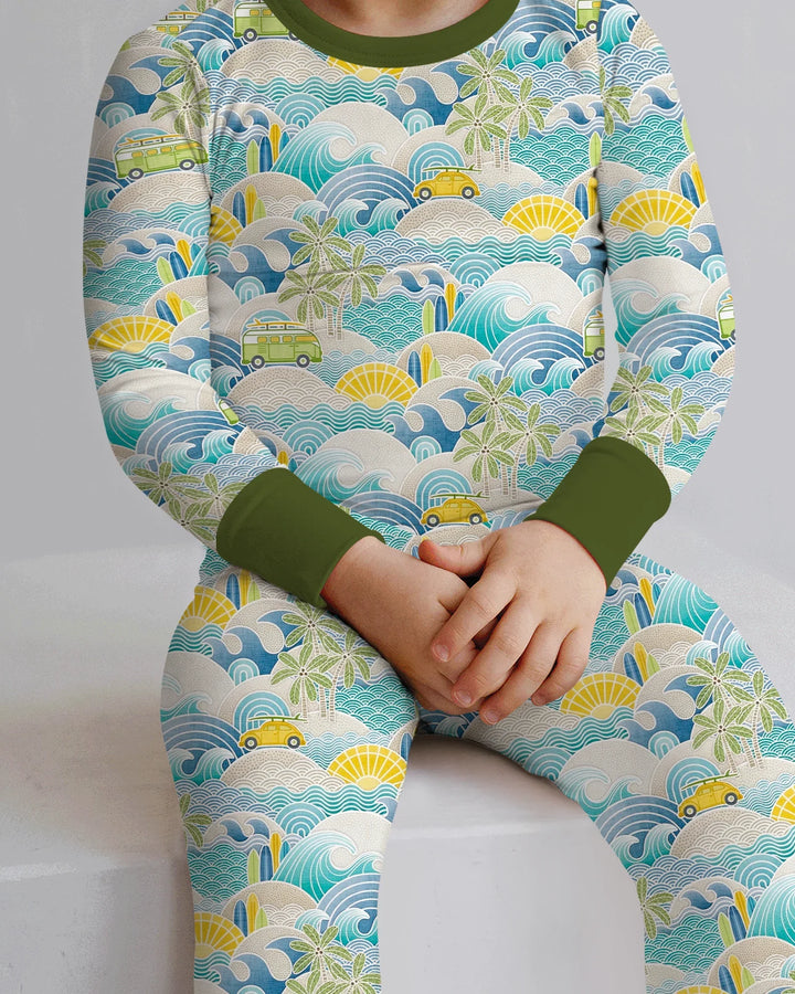 Coastal Road Trip Waves Surf Bamboo Two Piece Long Sleeve Pajama Set