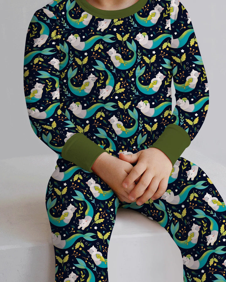Midnight Mermaid Cats Bamboo Two Piece Long Sleeve Pajama Set