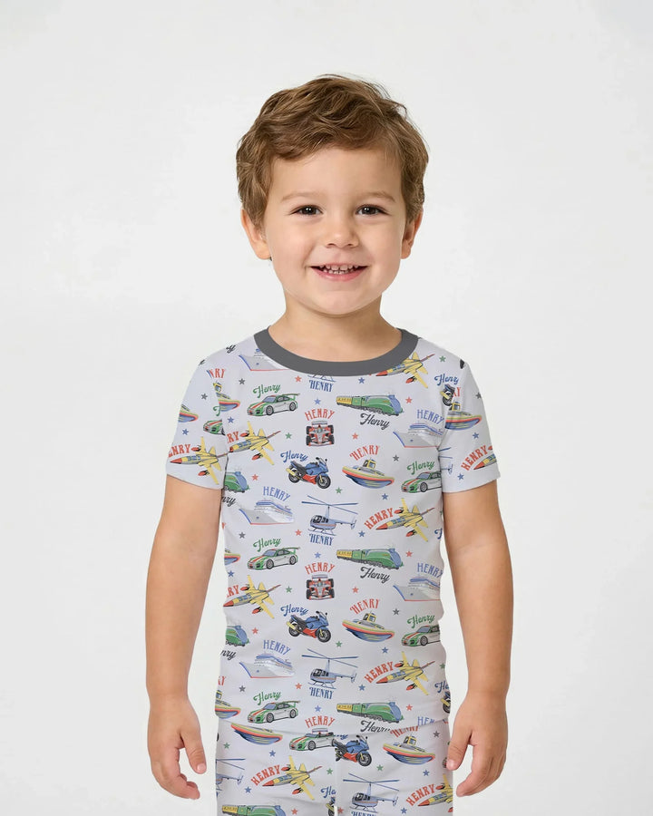 Fast Lane Custom Name Daddy & Me Matching Bamboo Two Piece Short Sleeve Pajama Set