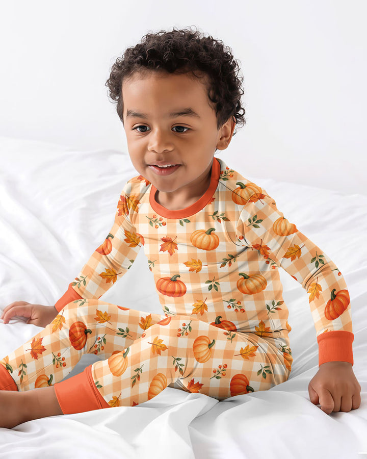 Cute Fall Pumpkin Leaves Gingham Bamboo Two Piece Long Sleeve Pajama Set