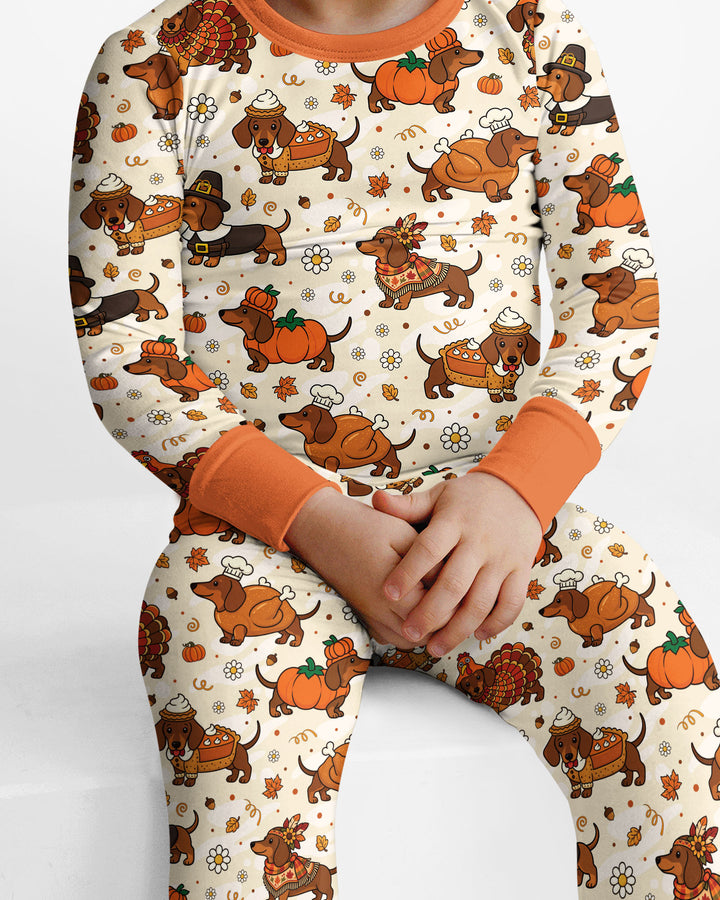 Thanksgiving Dachshund Bamboo Two Piece Long Sleeve Pajama Set