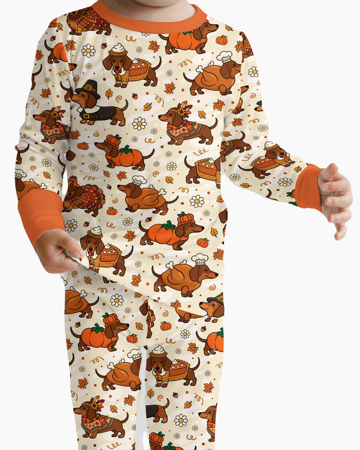 Thanksgiving Dachshund Bamboo Two Piece Long Sleeve Pajama Set