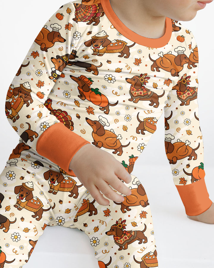 Thanksgiving Dachshund Bamboo Two Piece Long Sleeve Pajama Set