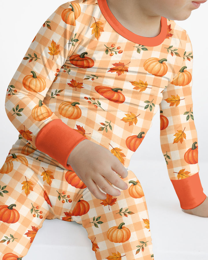 Cute Fall Pumpkin Leaves Gingham Bamboo Two Piece Long Sleeve Pajama Set