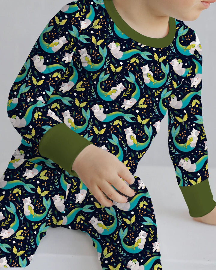 Midnight Mermaid Cats Bamboo Two Piece Long Sleeve Pajama Set
