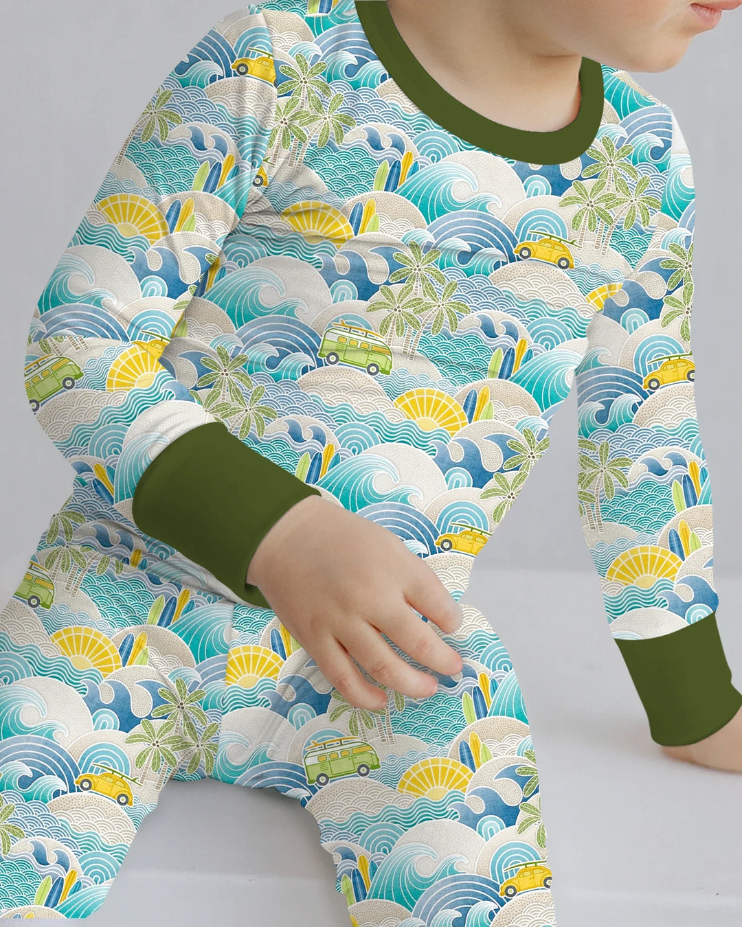 Coastal Road Trip Waves Surf Bamboo Two Piece Long Sleeve Pajama Set