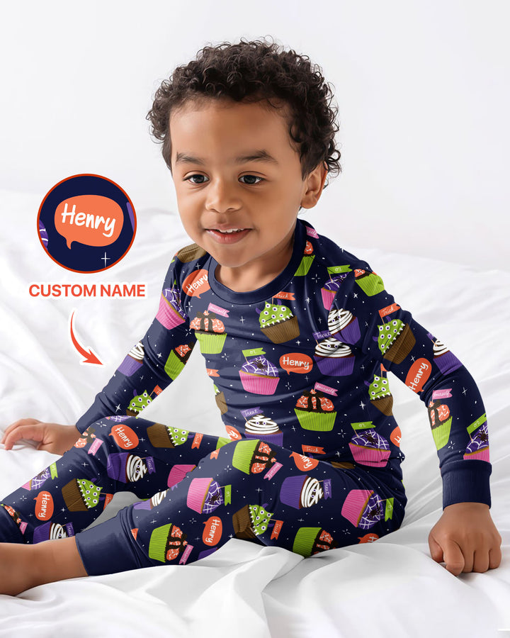 Custom Name Spooly Cupcake  Bamboo Two Piece Long Sleeve Pajama Set