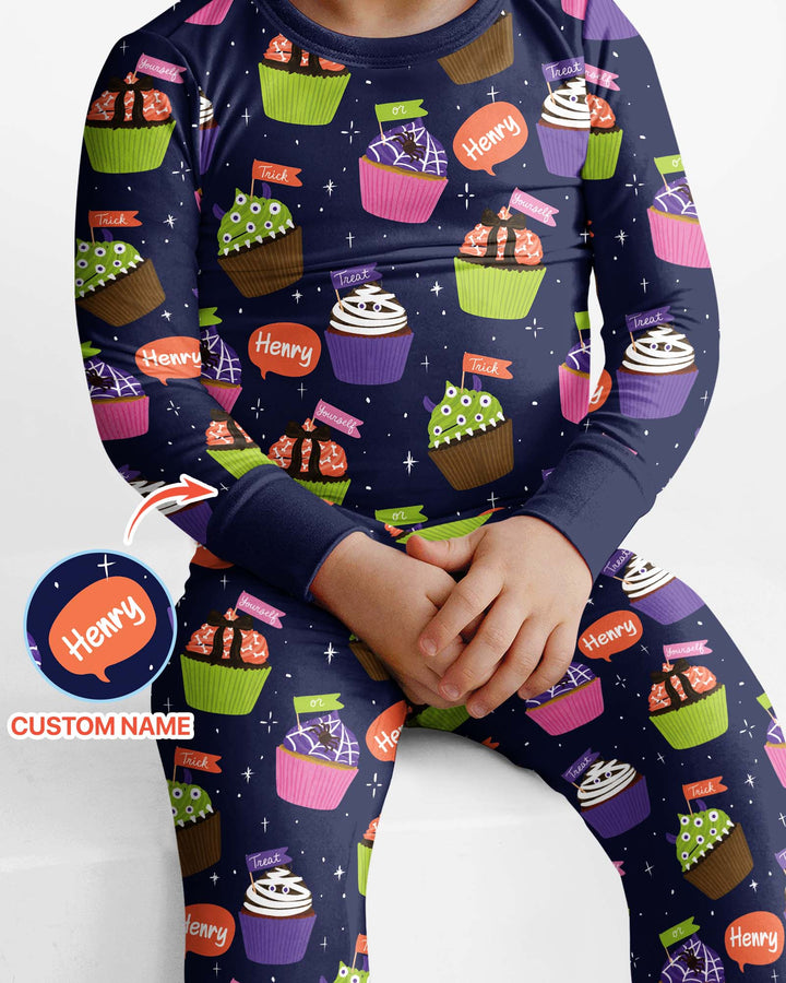 Custom Name Spooly Cupcake  Bamboo Two Piece Long Sleeve Pajama Set
