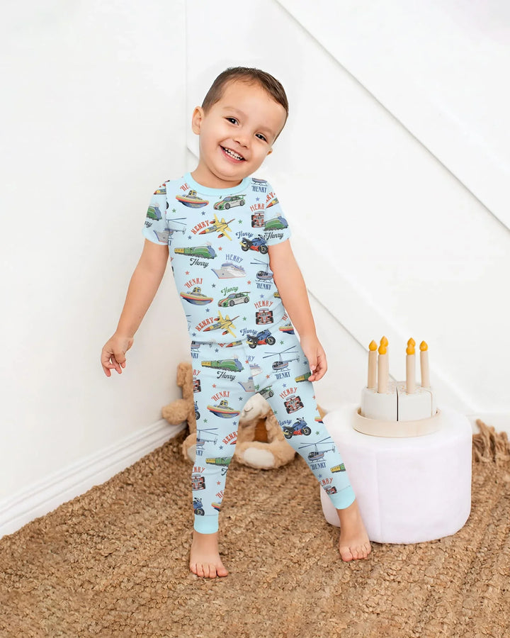 Fast Lane Custom Name Daddy & Me Matching Bamboo Two Piece Short Sleeve Pajama Set