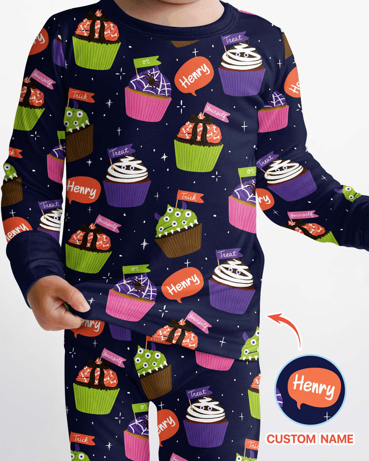 Custom Name Spooly Cupcake  Bamboo Two Piece Long Sleeve Pajama Set
