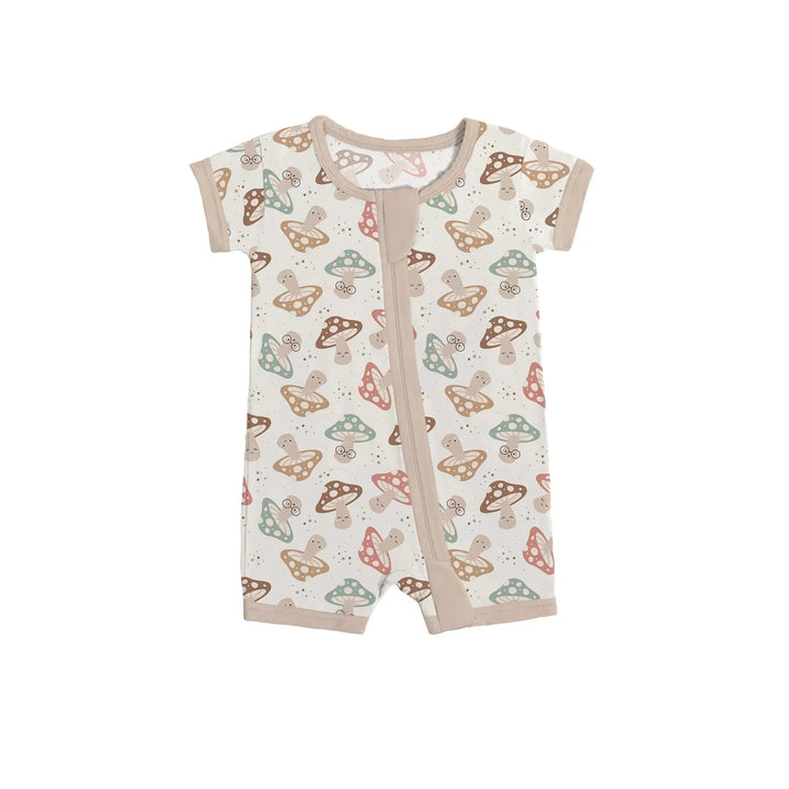 Brown Mushrooms Shorty Zippered Romper , Brown Mushrooms Shorty Zippered Romper - 0-3M