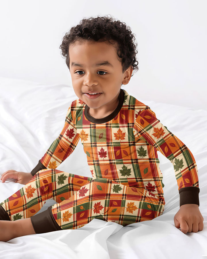 Maple Leaf Fall Vintage Plaid Bamboo Two Piece Long Sleeve Pajama Set