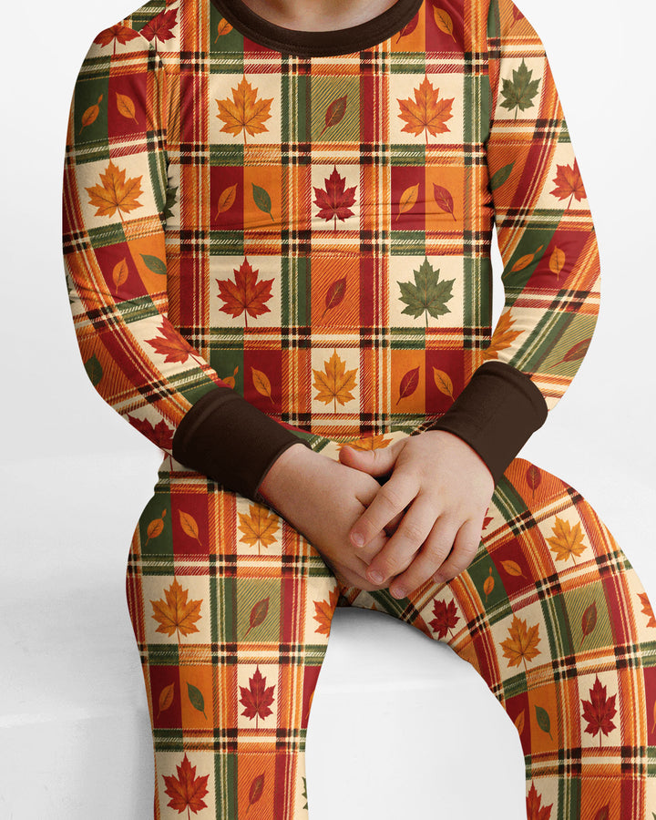 Maple Leaf Fall Vintage Plaid Bamboo Two Piece Long Sleeve Pajama Set