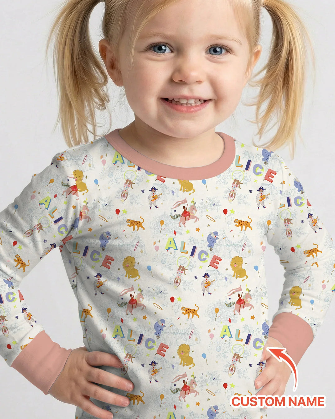 Custom Name Circus Toile Bamboo Two Piece Long Sleeve Pajama Set