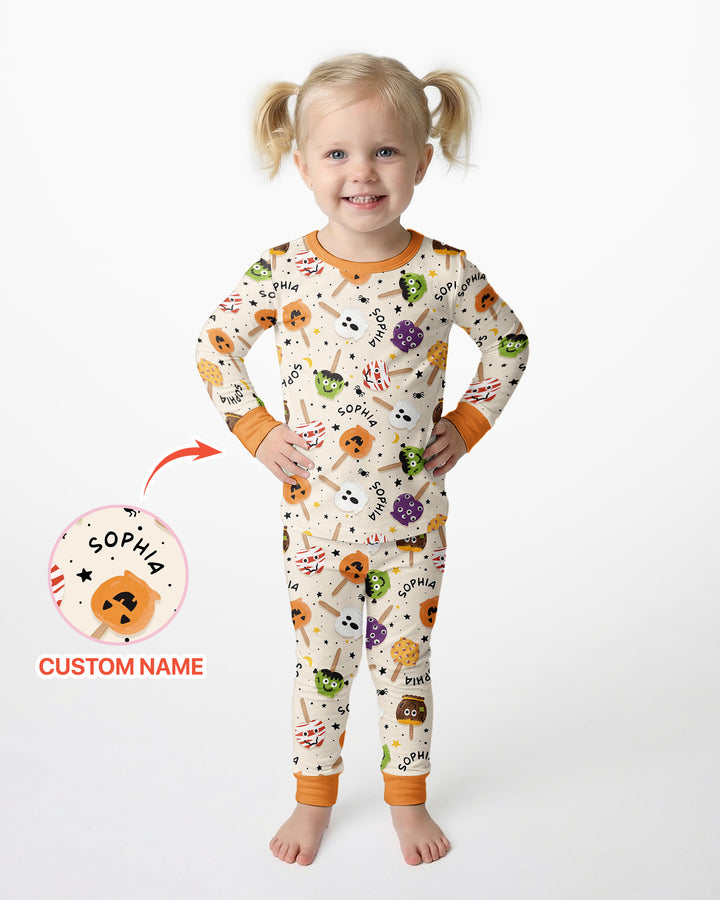 Custom Name Halloween Treats Bamboo Two Piece Long Sleeve Pajama Set