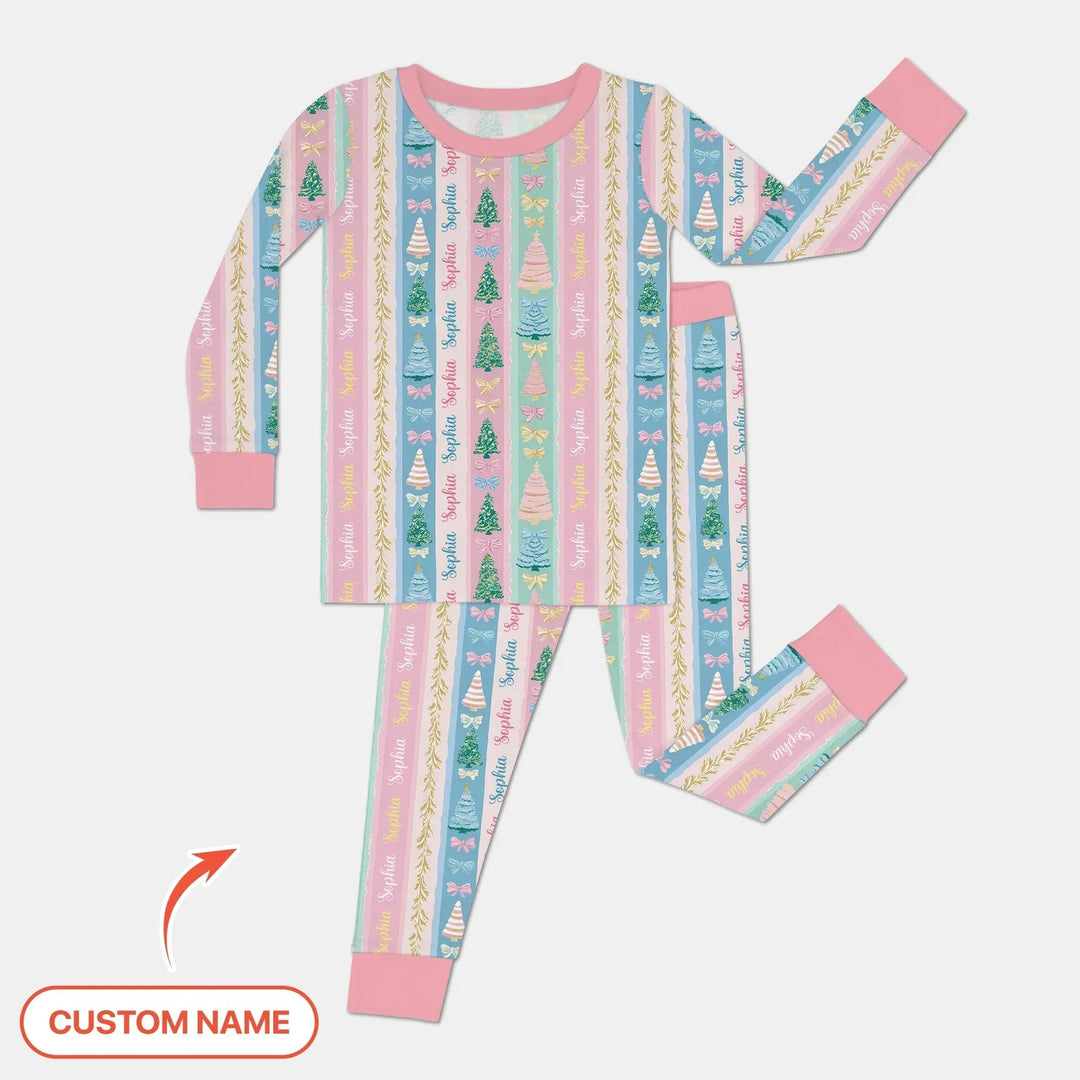 Candy Ribbon Christmas Custom Name Two Piece Long Sleeve Pajama Set , Candy Ribbon Christmas Custom Name Two Piece Long Sleeve Pajama Set - 12-18M