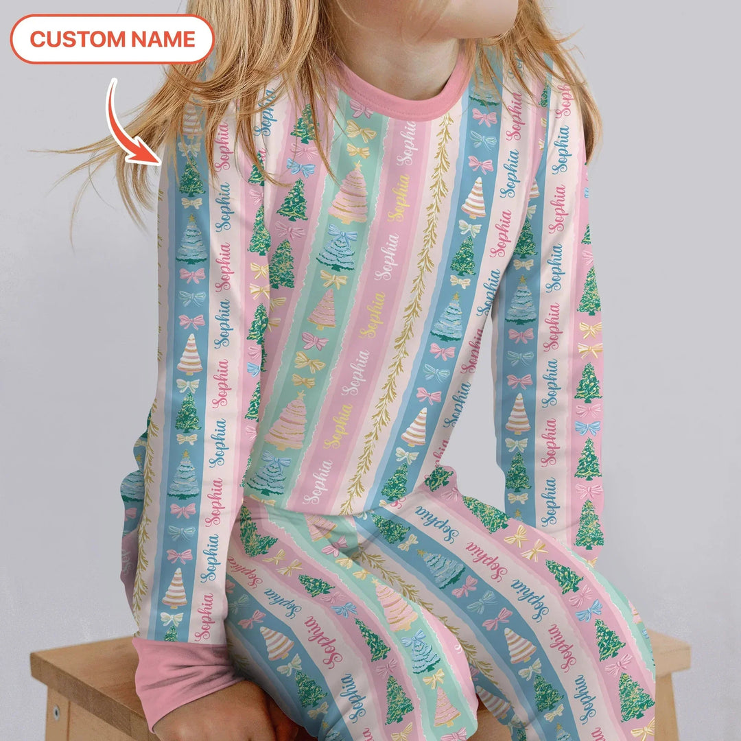Candy Ribbon Christmas Custom Name Two Piece Long Sleeve Pajama Set , Candy Ribbon Christmas Custom Name Two Piece Long Sleeve Pajama Set - 12-18M