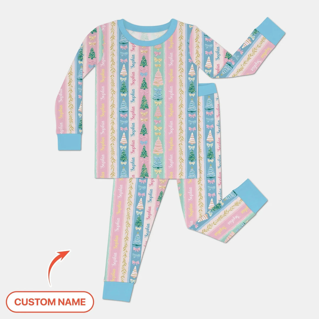 Candy Ribbon Christmas Custom Name Two Piece Long Sleeve Pajama Set , Candy Ribbon Christmas Custom Name Two Piece Long Sleeve Pajama Set - 12-18M