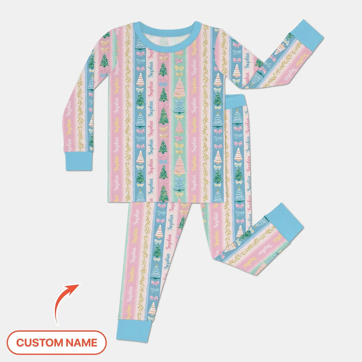 Candy Ribbon Christmas Custom Name Two Piece Long Sleeve Pajama Set , Candy Ribbon Christmas Custom Name Two Piece Long Sleeve Pajama Set - 12-18M