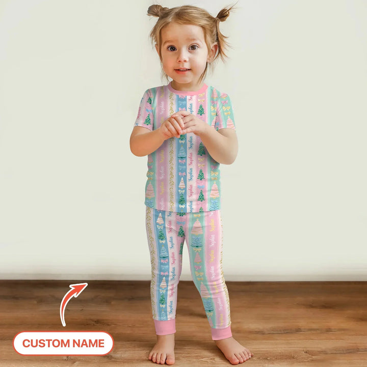 Candy Ribbon Christmas Custom Name Two Piece Short Sleeve Pajama Set , Candy Ribbon Christmas Custom Name Two Piece Short Sleeve Pajama Set - 12-18M