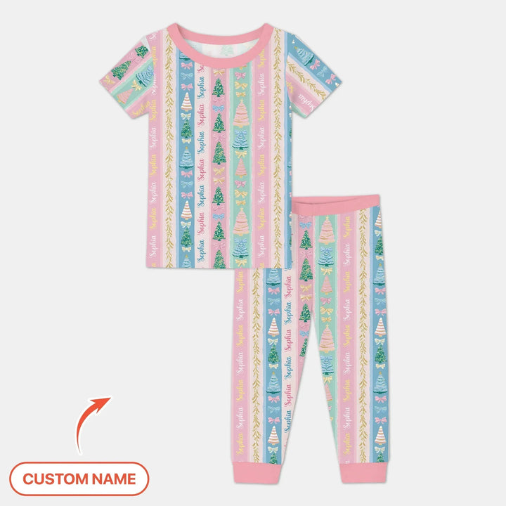 Candy Ribbon Christmas Custom Name Two Piece Short Sleeve Pajama Set , Candy Ribbon Christmas Custom Name Two Piece Short Sleeve Pajama Set - 12-18M
