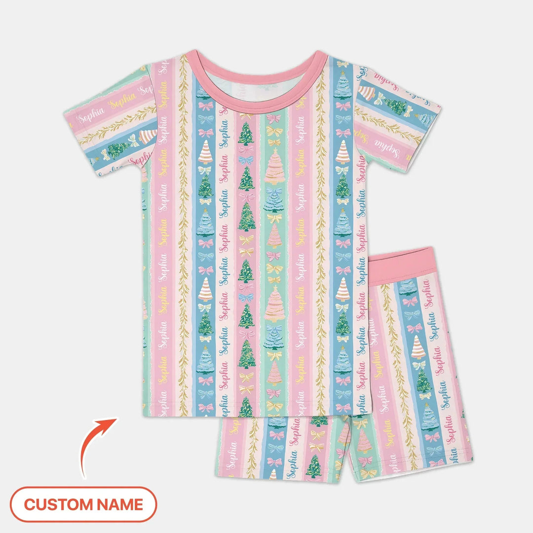 Candy Ribbon Christmas Custom Name Two Piece Short Sleeve Shorts Pajama Set , Candy Ribbon Christmas Custom Name Two Piece Short Sleeve Shorts Pajama Set - 12-18M