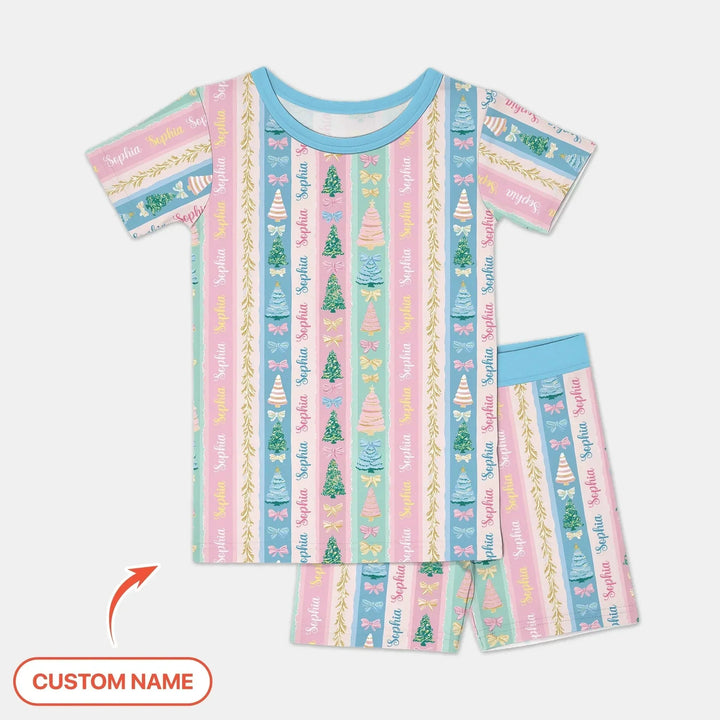 Candy Ribbon Christmas Custom Name Two Piece Short Sleeve Shorts Pajama Set , Candy Ribbon Christmas Custom Name Two Piece Short Sleeve Shorts Pajama Set - 12-18M