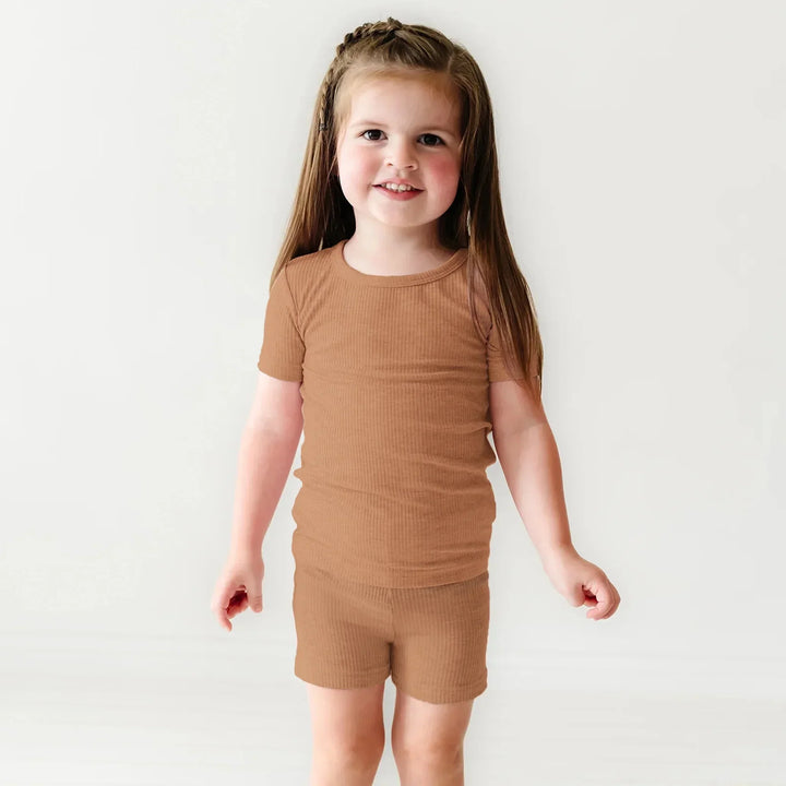 Caramel Ribbed Two Piece Short Sleeve Shorts Pajama Set , Caramel Ribbed Two Piece Short Sleeve Shorts Pajama Set - 12-18M