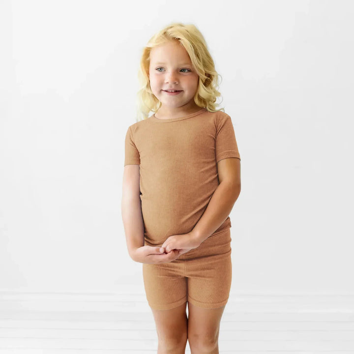 Caramel Ribbed Two Piece Short Sleeve Shorts Pajama Set , Caramel Ribbed Two Piece Short Sleeve Shorts Pajama Set - 12-18M